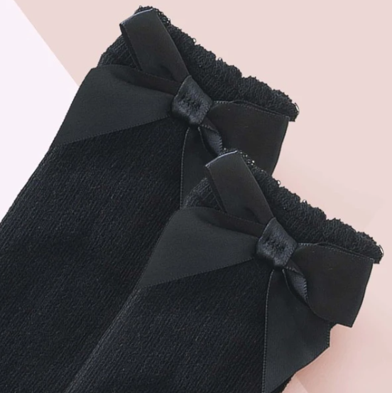 Girls Black Socks With Bow- High Knee