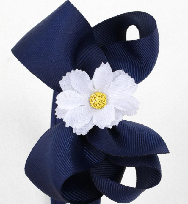 Navy Large Bow With Flower Headband