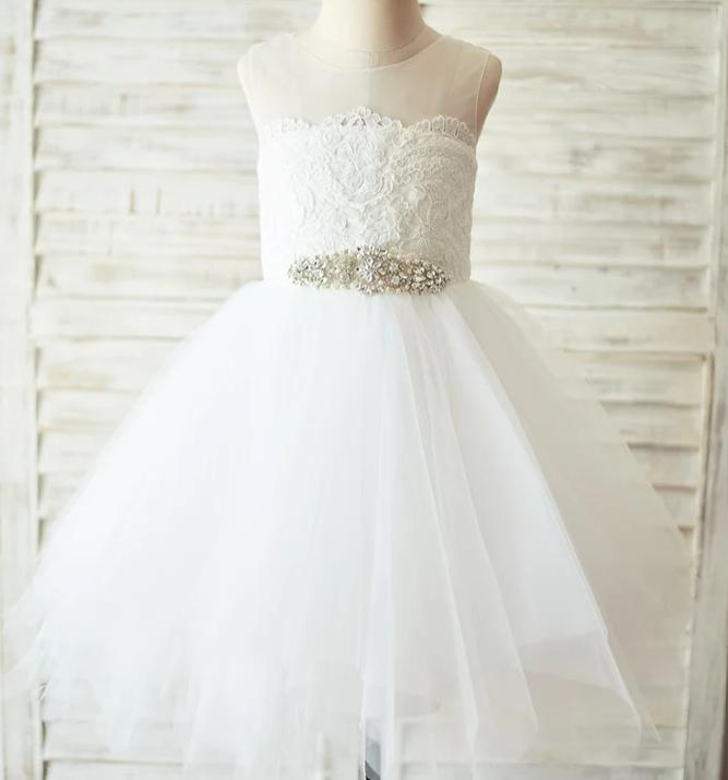 Lace Tulle Flower Girl Dress- Keyhole Backless