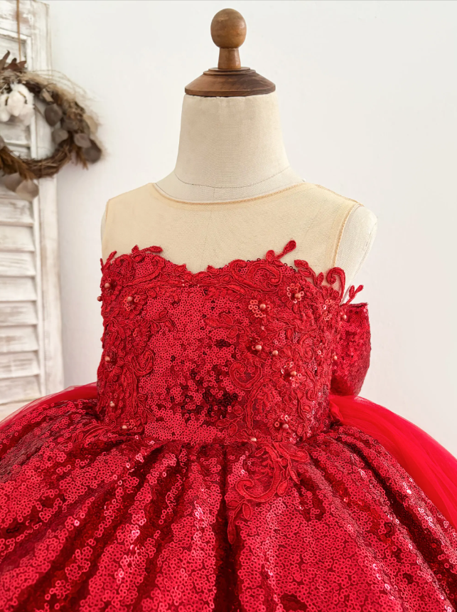 Pageant Dress Made To Order - Red Sequin Hi-Low Lace Tulle Detachable Train