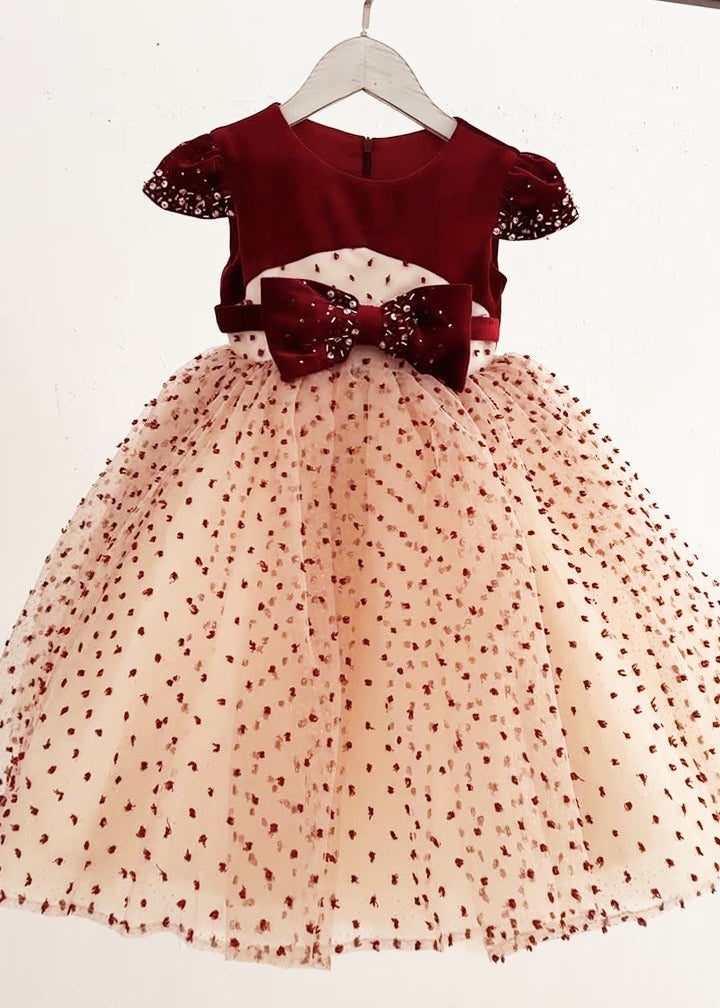 Cap Sleeves Maroon Gold Dress