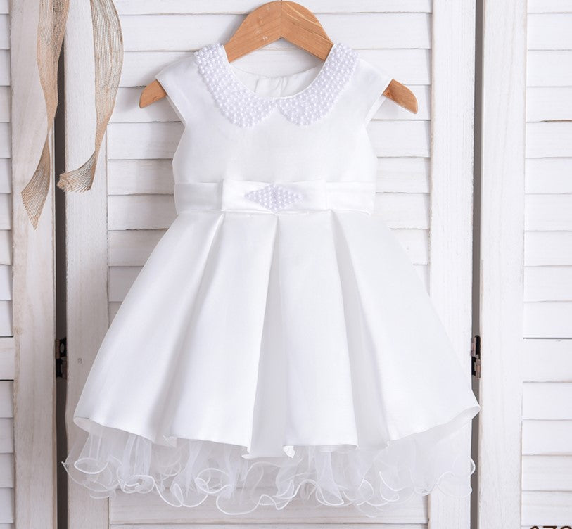 Baby Girl Christening Dress With Headband - Pearled Neck