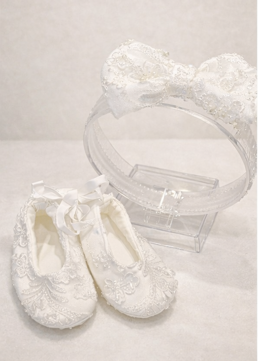Baby Girl Christening Gown Set - Beaded Lace With Tulle Skirt