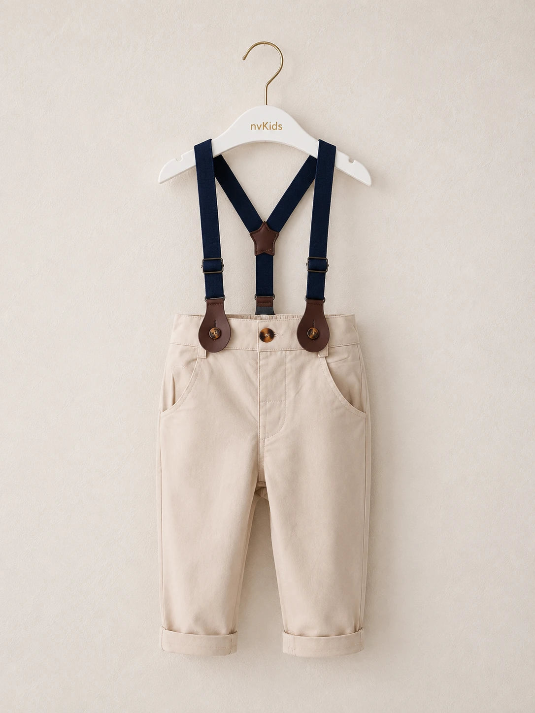 Little Boys Blue Shirt Beige Pants Set