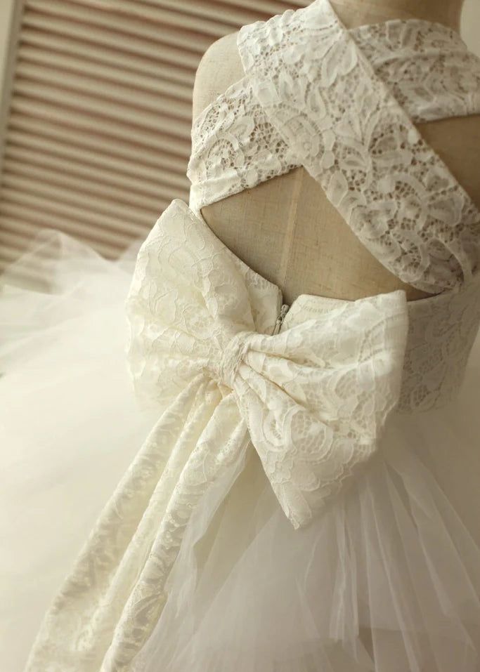 Cross Back Ivory Flower Girl Dress