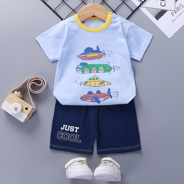 Boys 100% Cotton Summer Print Tee Shorts 2pcs Set
