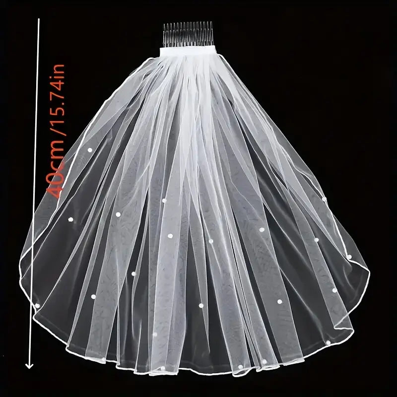 Girls White Veil With Pearls - Short Veil