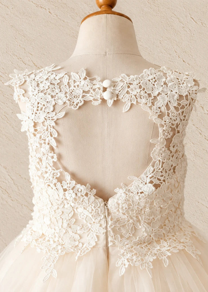 Lace Tulle Flower Girl Dress - Keyhole Back