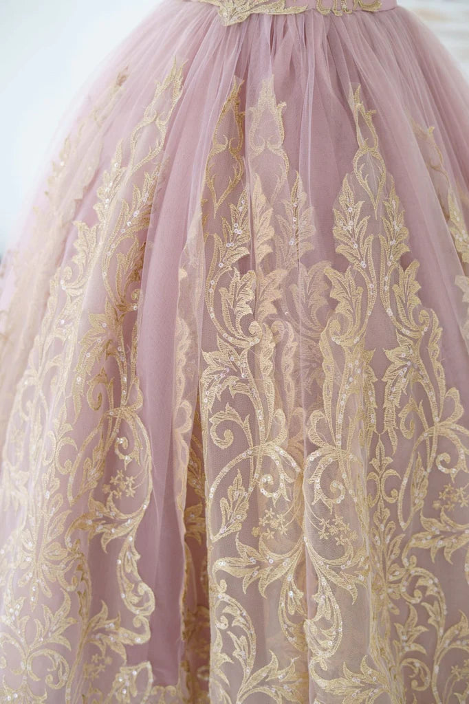 Mauve Tulle Gold Lace Sheer Back Kids Pageant Gown - Made to order