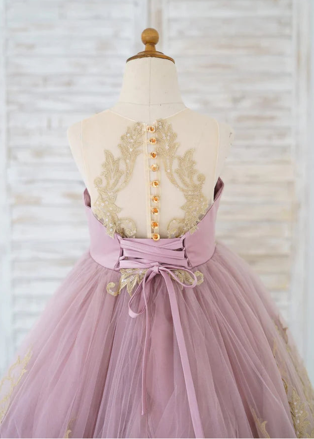 Mauve Tulle Gold Lace Sheer Back Kids Pageant Gown - Made to order
