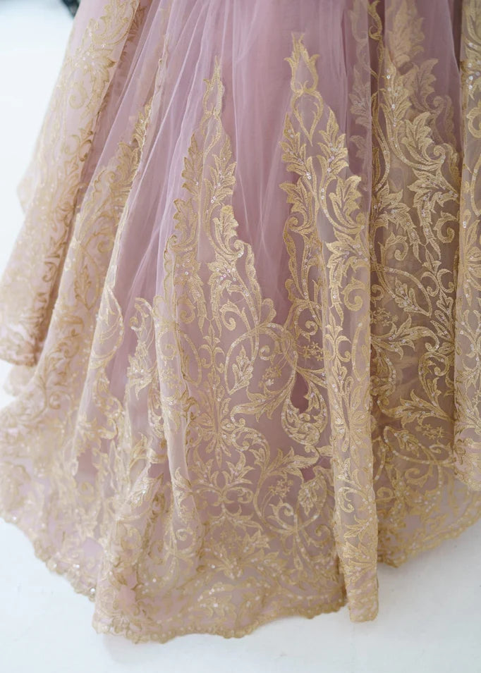 Mauve Tulle Gold Lace Sheer Back Kids Pageant Gown - Made to order