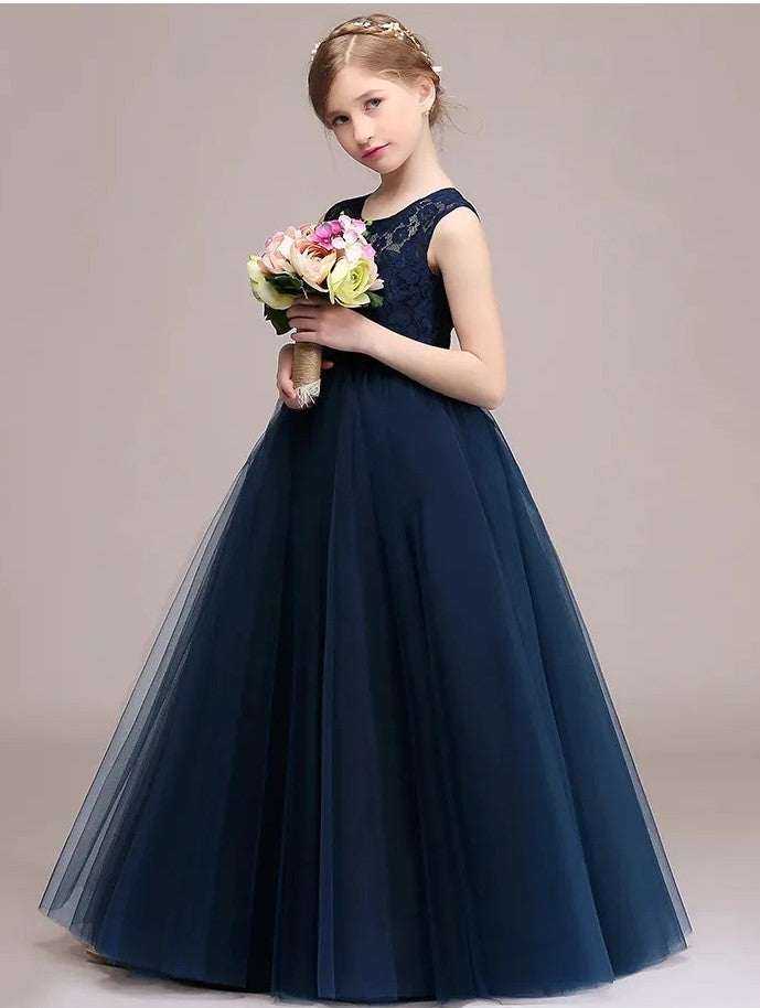 Ball-Gown Floor-Length Flower Girl Dress - Navy