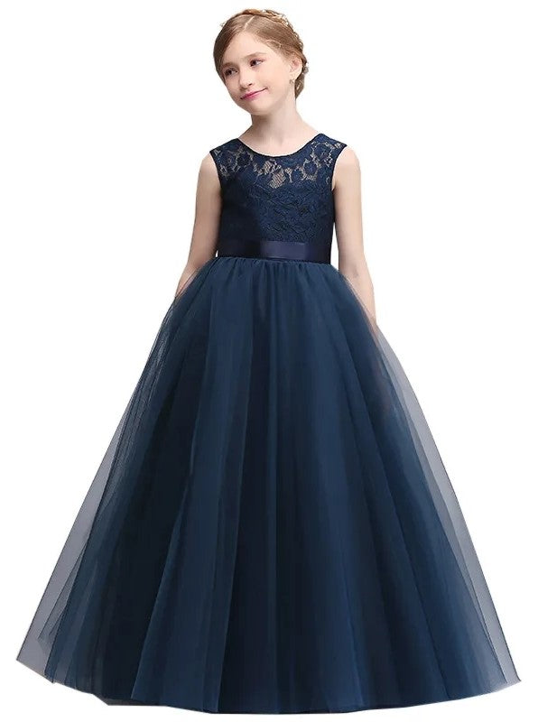 Ball-Gown Floor-Length Flower Girl Dress - Navy