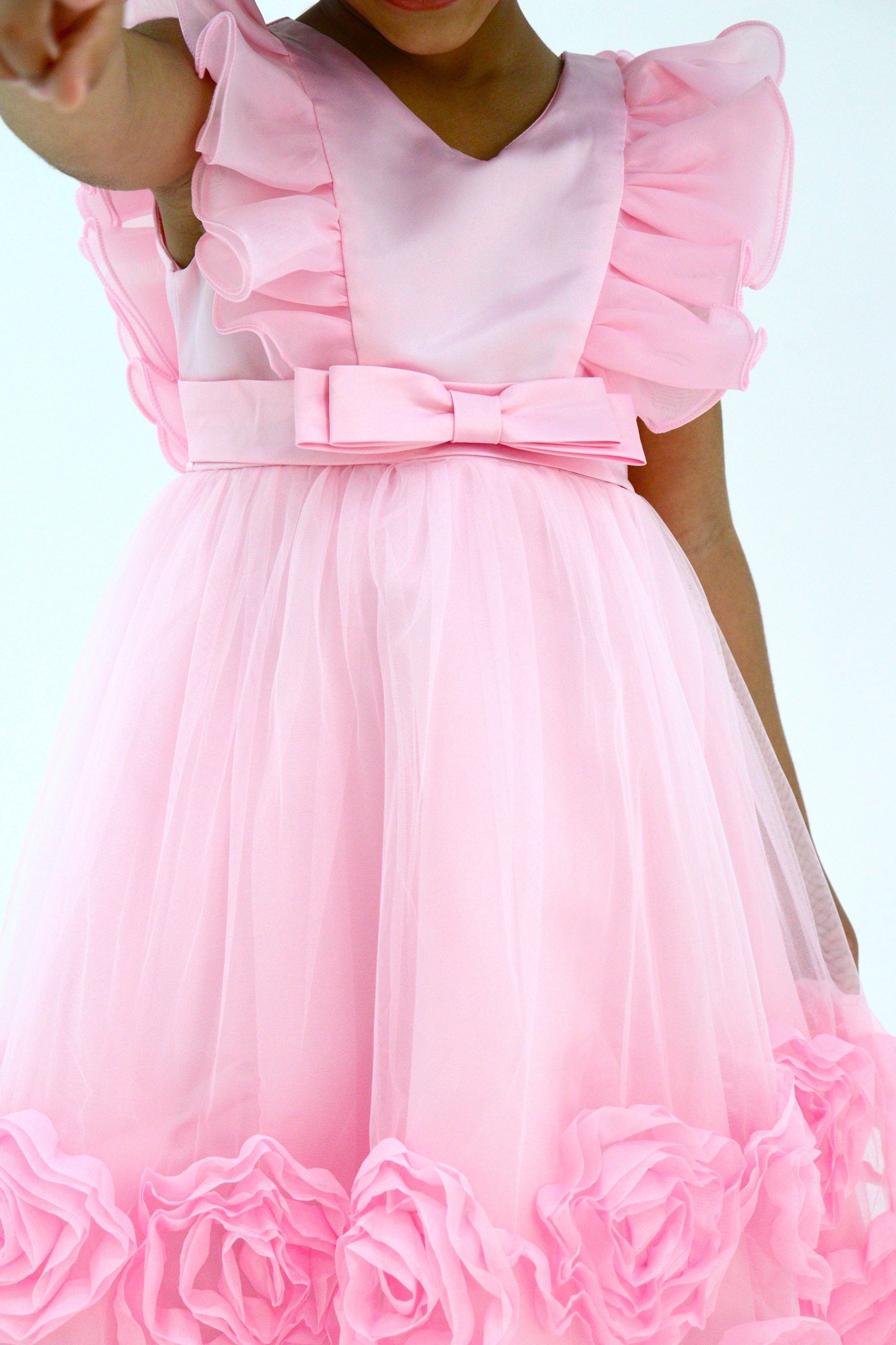 Girls Pink Dress- 3D Roses