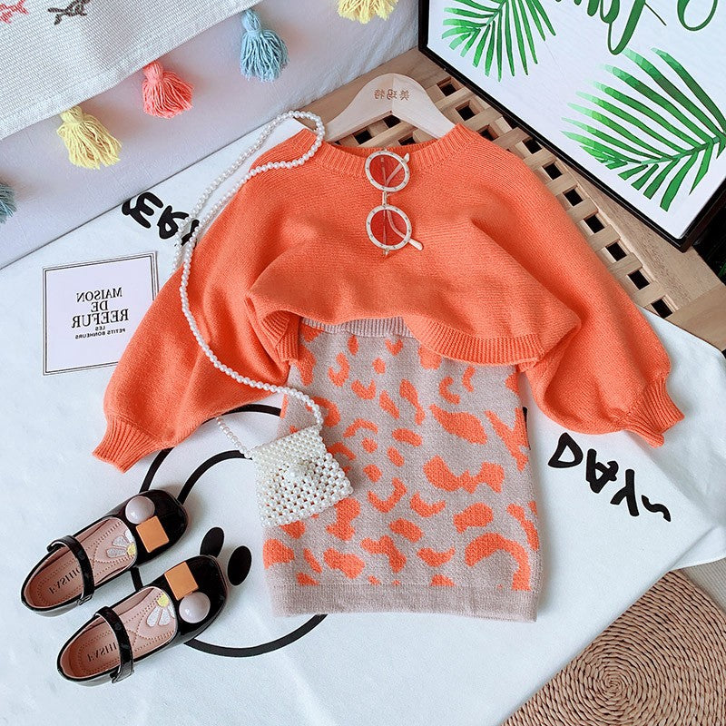 Little Girl Knitted Skirt Set - orange
