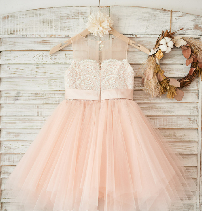 Peach Lace Tulle Flower Girl Puffy Dress