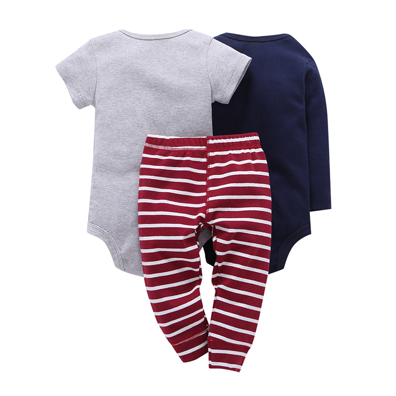 Baby Boy 100% Cotton 3pcs Bodysuit Set - Grey and Red