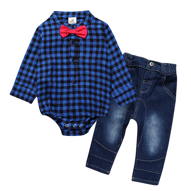 Baby Boy Formal Outfit Cotton Warm Long Sleeve Blue Top+Bow Blue Denim