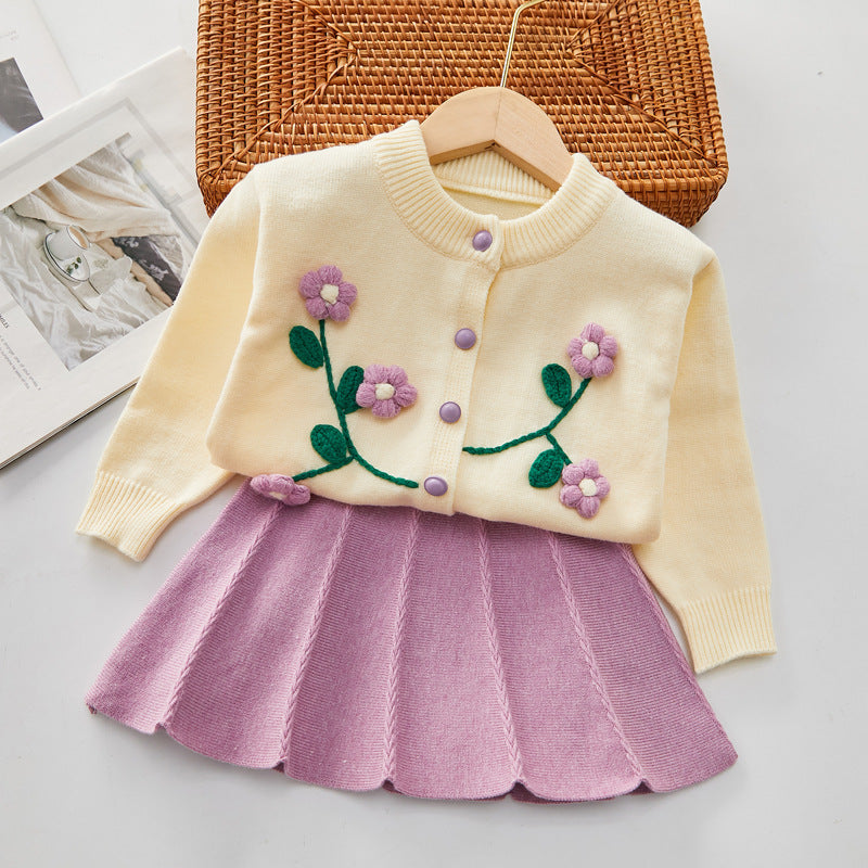 Girl Off  White Knitted Top With Purple Skirt Set