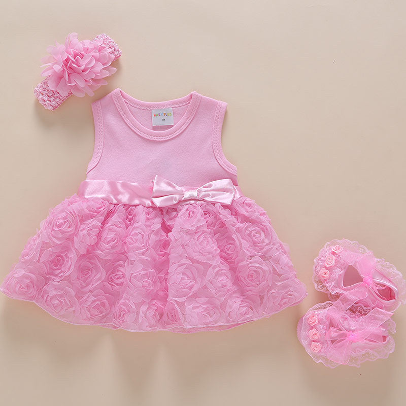Baby Girl Pink Lace Frock With Headband & Shoe