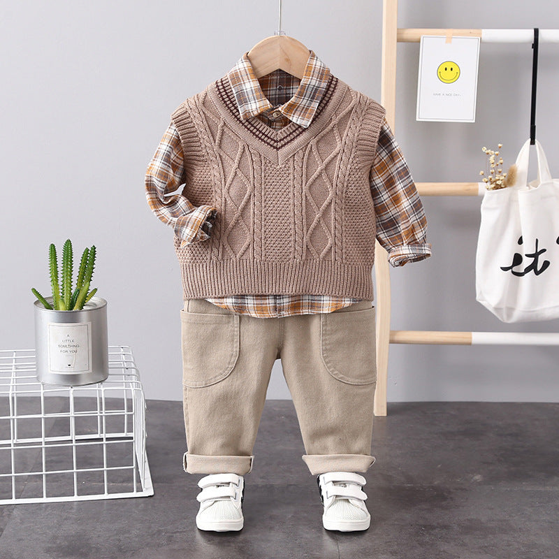 Little Boy Stylish Winter 3pc Brown Shirt Denim Sweater Set
