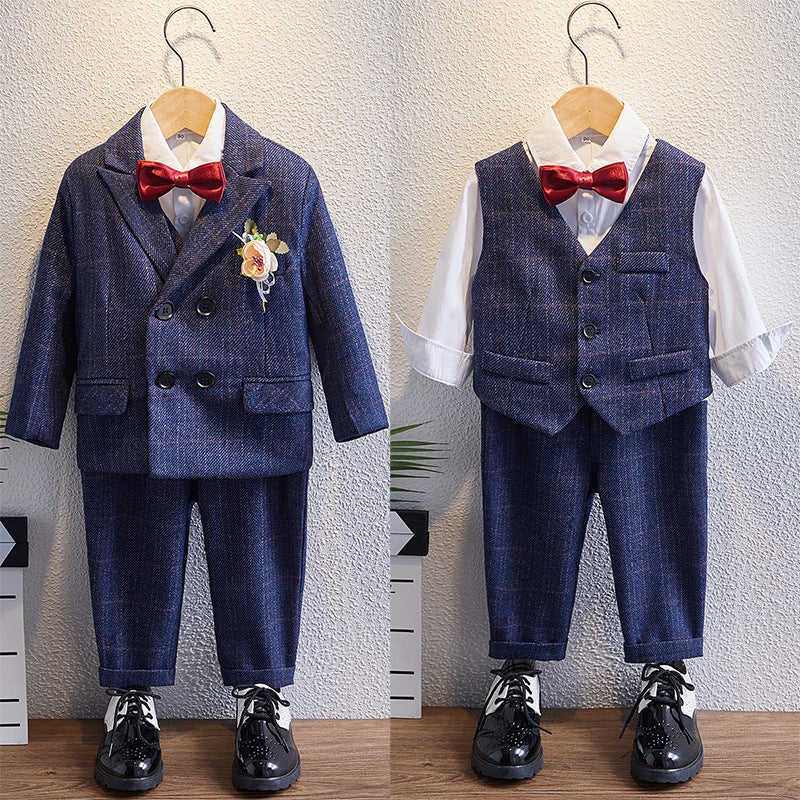 Baby Boy Check Blue Suits 5Pcs Set For Wedding