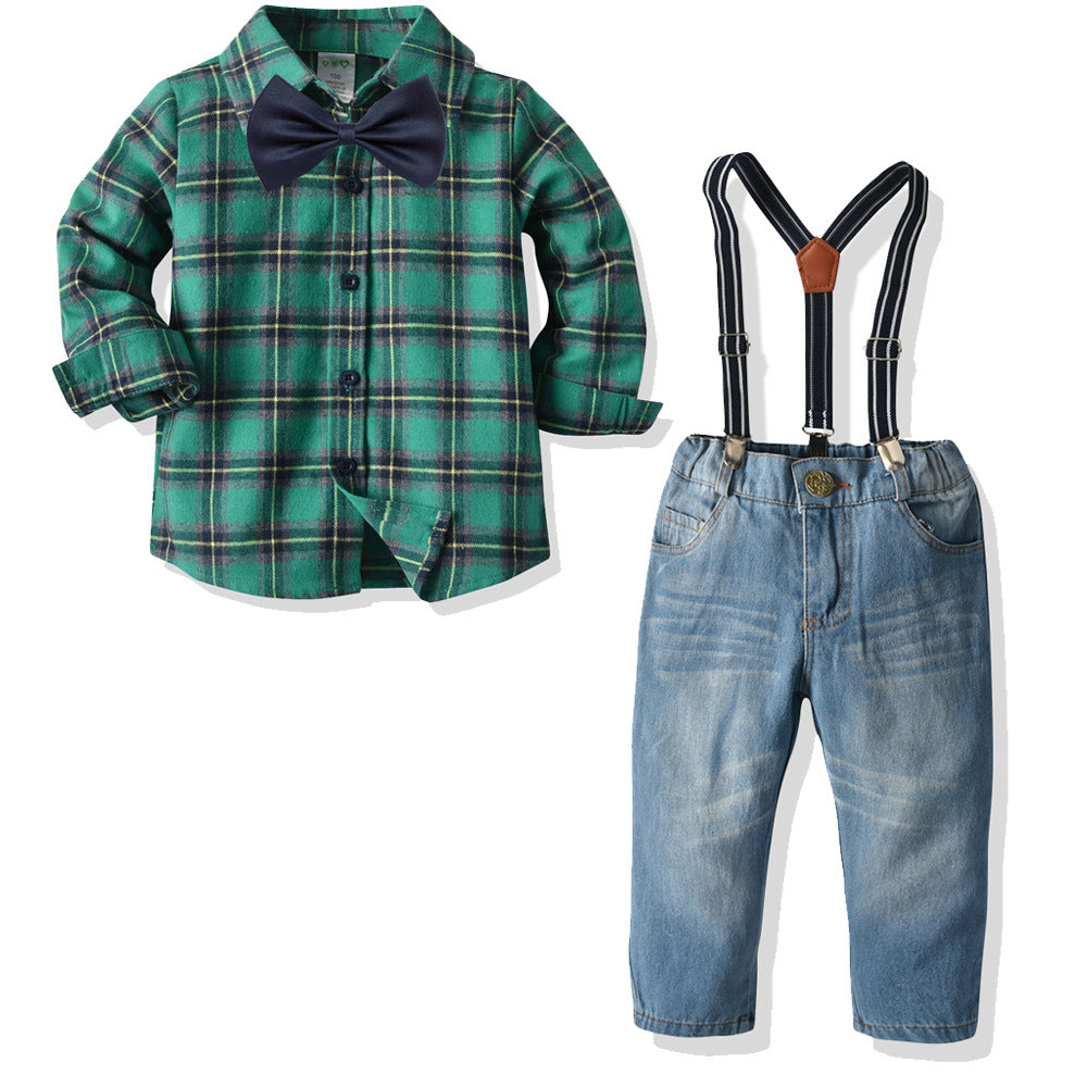 Boys Clothes Set Cotton Long Sleeve Green Shirt+Bow Suspender+Adjustable Denim Outfit
