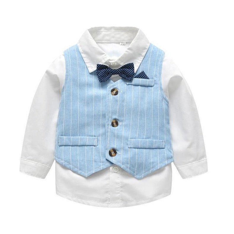 Boys Formal Blue Waistcoat Shirt Pants Suits with Bow Tie 4Pcs Set