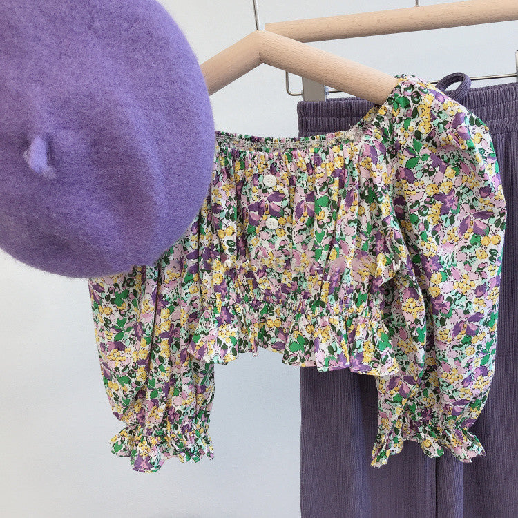High Quality 100% Cotton Girl Purple Top Pants 2pcs Set -