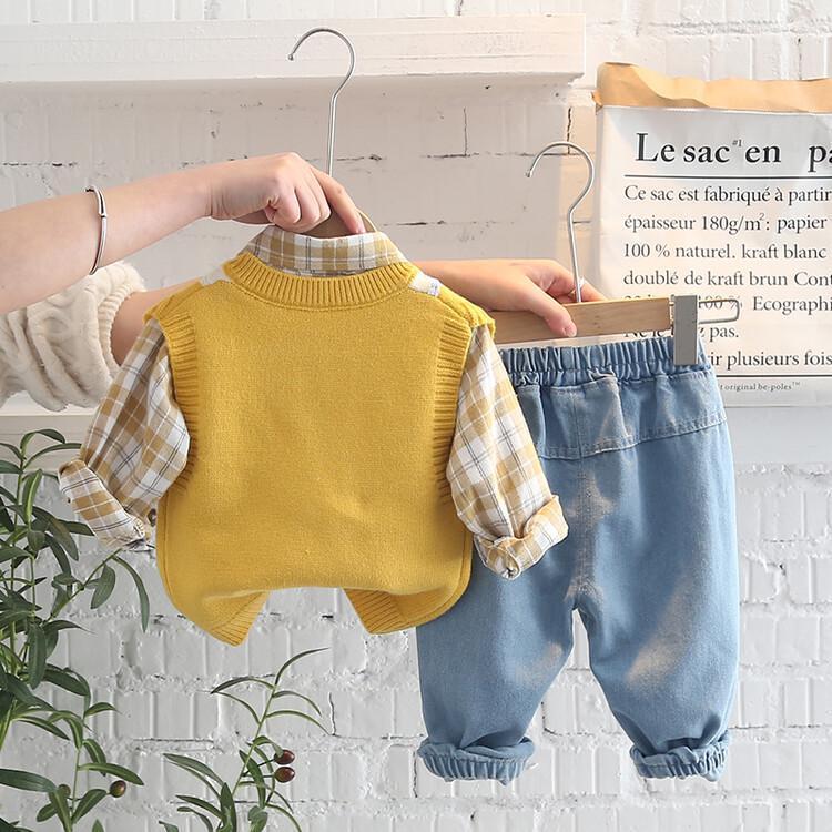 Little Boy Stylish Winter 3pc Yellow Shirt Denim Sweater Set
