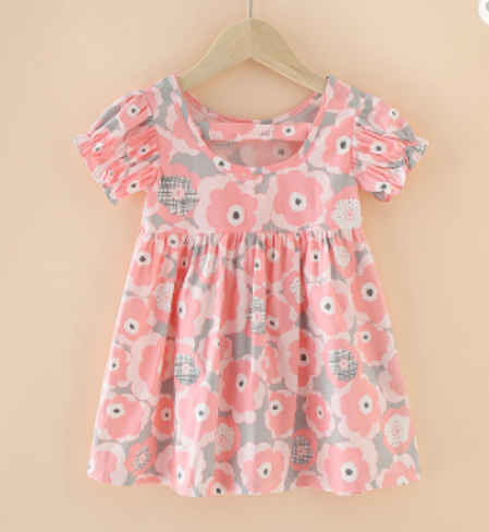 Girls Fashion Puffy Short Sleeve 100% Cotton Flower Print Dress