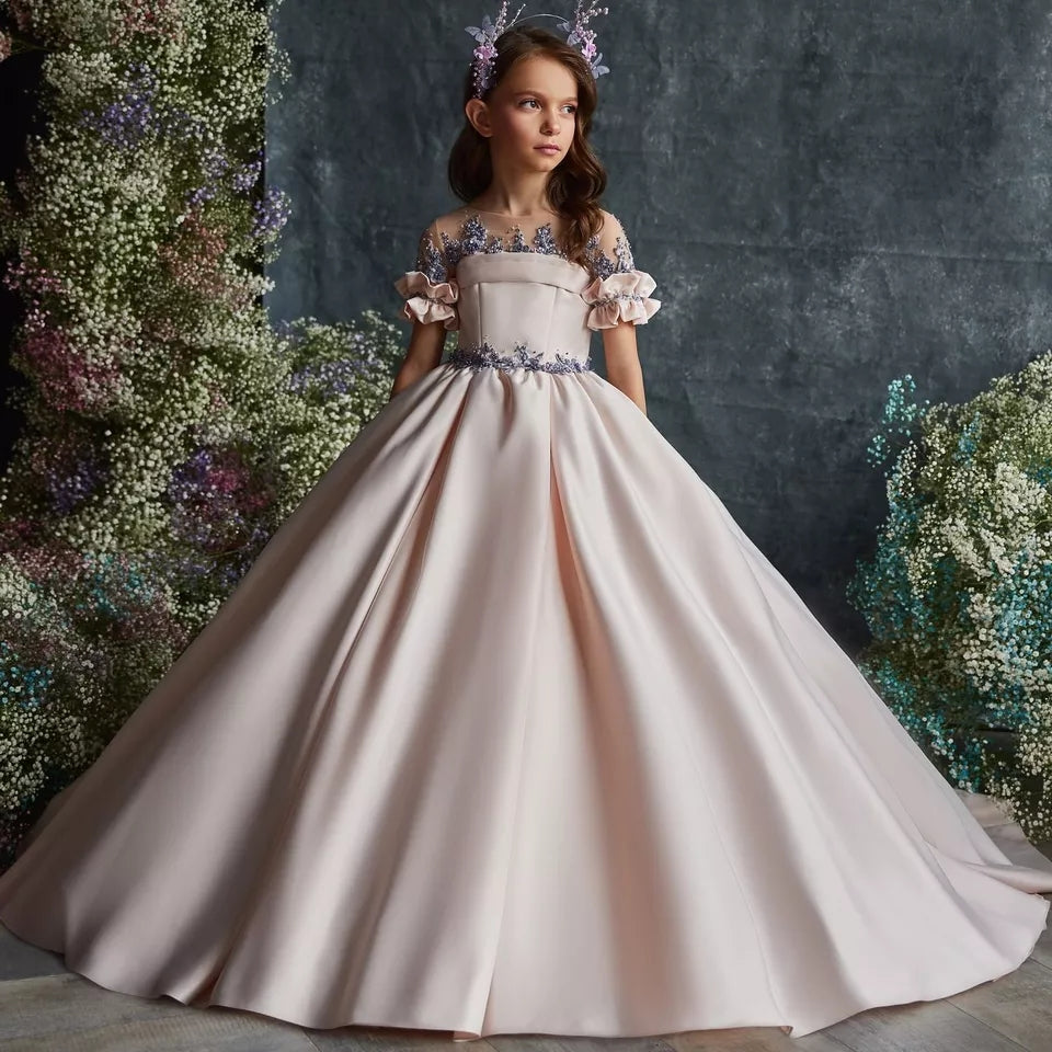 Made To Order - Luxury Handmade Short Sleeves Satin Beaded 3D Lace Wedding Flower Girl Dress