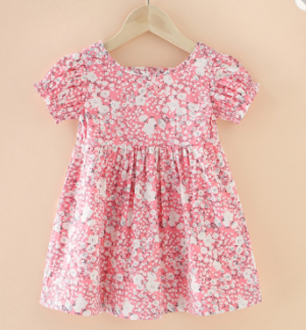 Girls Fashion Puffy Short Sleeve 100% Cotton Pink Flower Print Dress