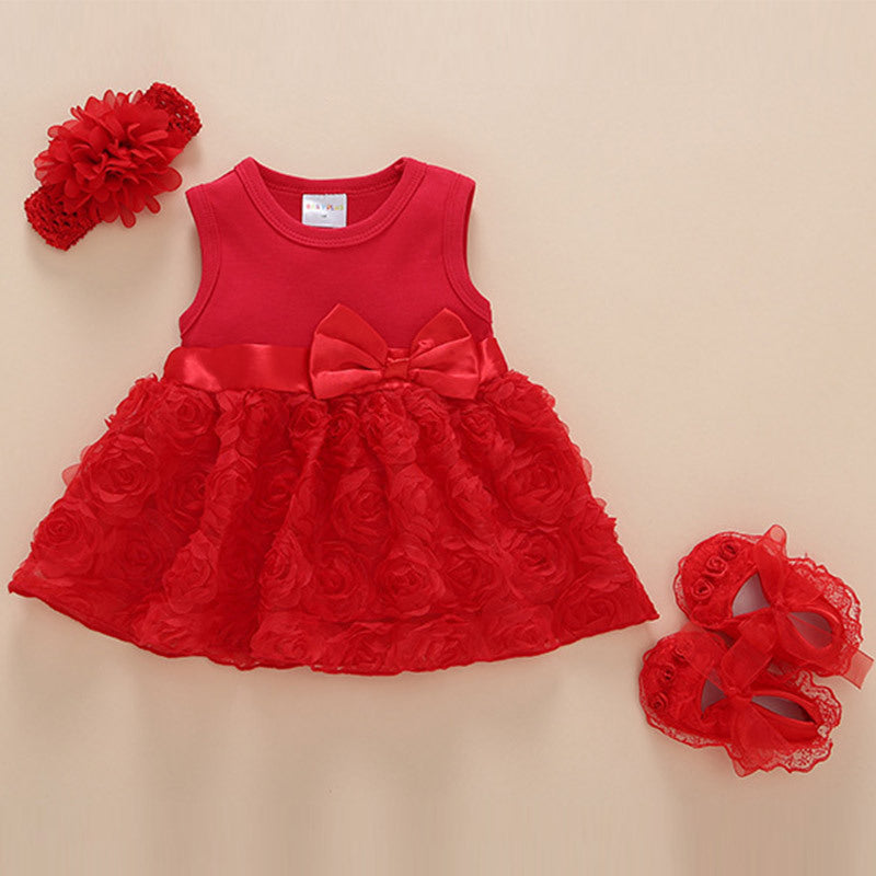 Baby Girl Red Lace Frock With Headband & Shoe