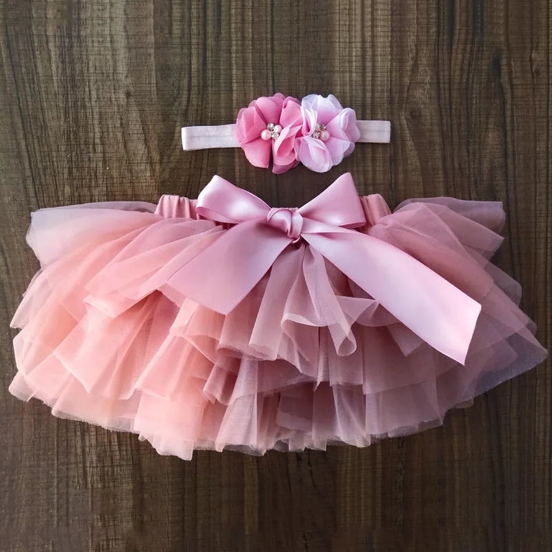 Baby Girls Tulle Tutu Bloomers Infant 2pcs Pink Short Skirts+Headband Set