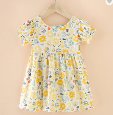 Girls Fashion Puffy Short Sleeve 100% Cotton Yellow Flower Print Dress