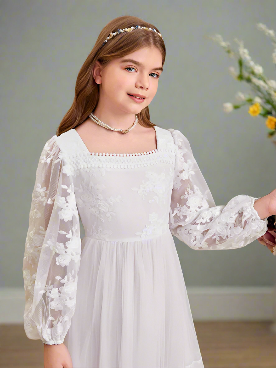 Holy Communion Dress - Floral Embroidery Long Sleeve