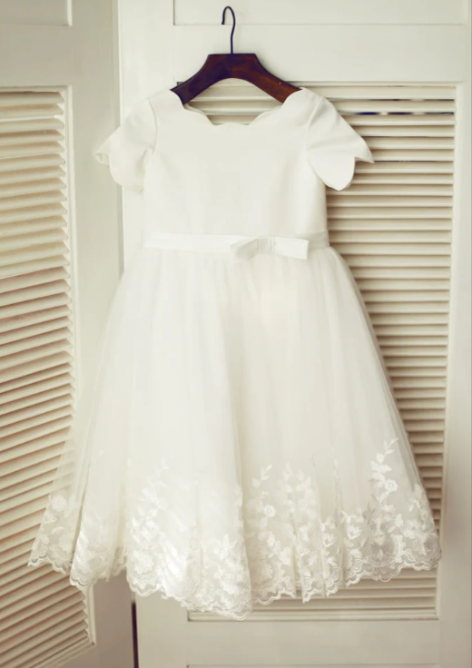 Short Sleeve Flower Girl Dress - Satin Tulle Dress