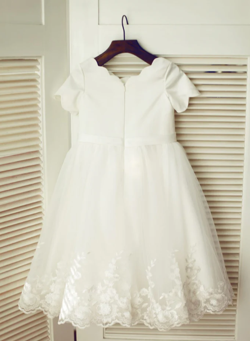 Short Sleeve Flower Girl Dress - Satin Tulle Dress