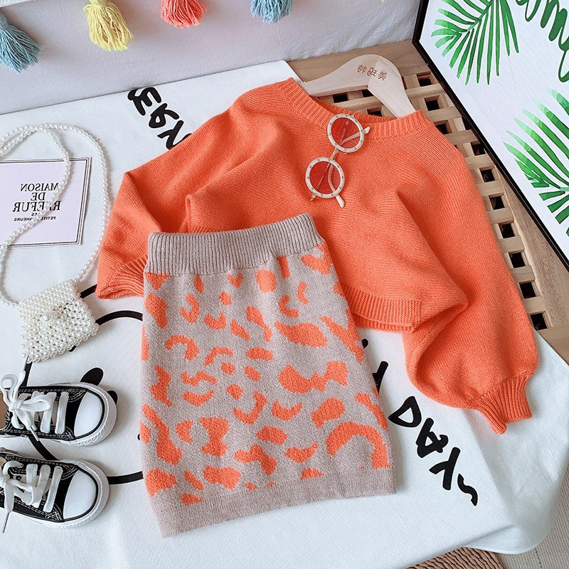 Little Girl Knitted Skirt Set - orange