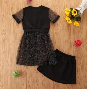 Girls Summer Outfits Short Sleeve LOVE Letter Printed T-shirt Dress Black Mesh Skirt