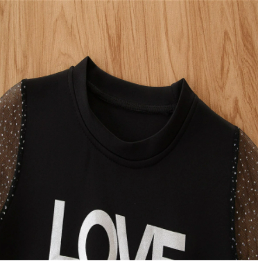 Girls Summer Outfits Short Sleeve LOVE Letter Printed T-shirt Dress Black Mesh Skirt