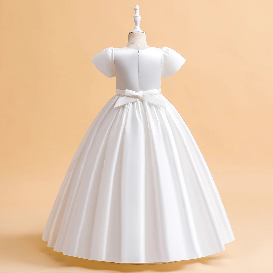 Short Sleeves Satin Communion Dress