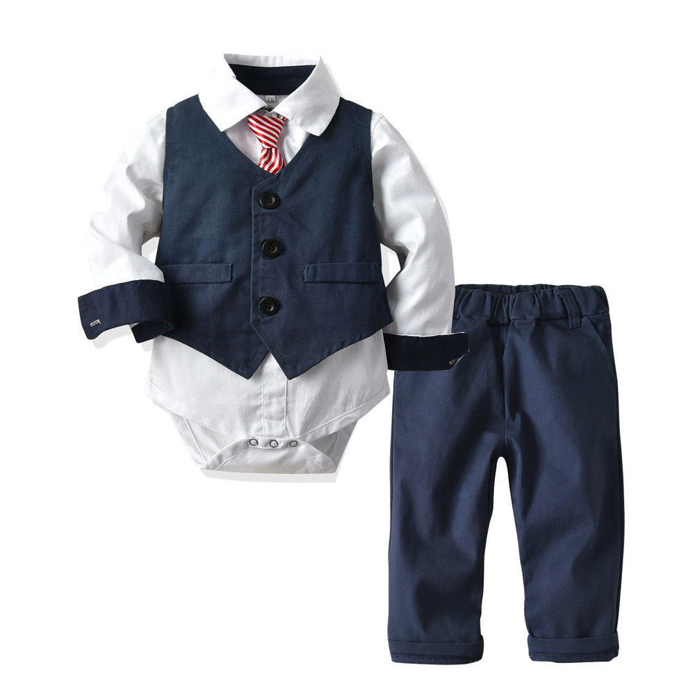 Baby Boy Formal Full Sleeve Romper Shirt+Vest+Tie+Pants Set 4pcs Set