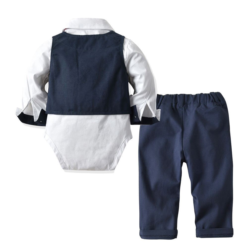 Baby Boy Formal Full Sleeve Romper Shirt+Vest+Tie+Pants Set 4pcs Set