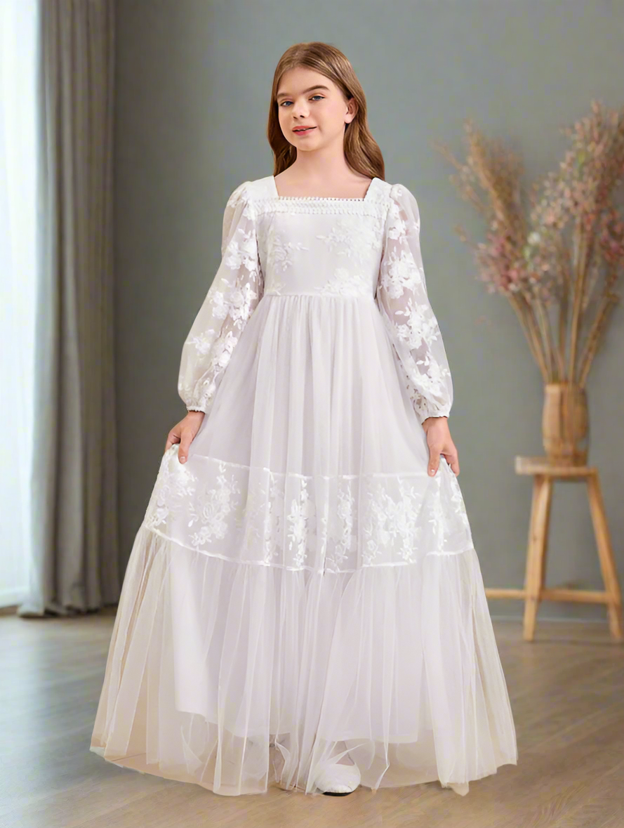 Holy Communion Dress - Floral Embroidery Long Sleeve