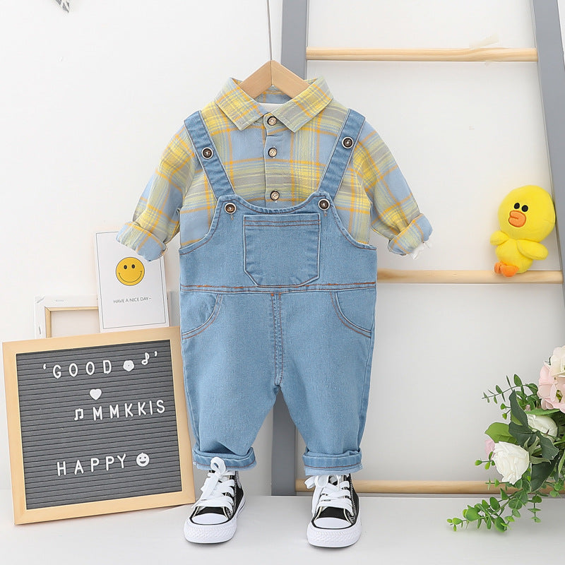Boys Clothes Set Cotton Long Sleeve Yellow Check Shirt + Overall Demin Outfit