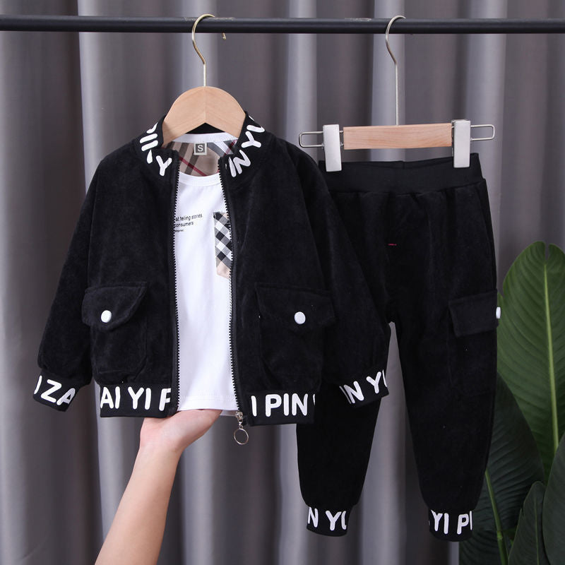Black Stylish Zip Jacket Boy Suit 2pcs Set
