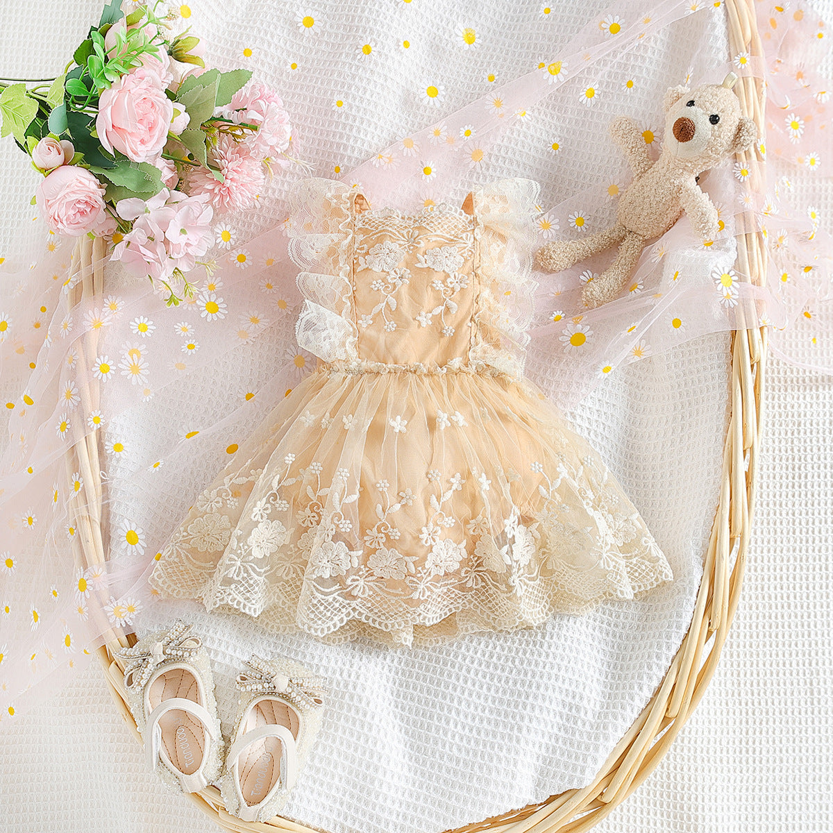 Lace Baby Girl Romper Dress - Beige
