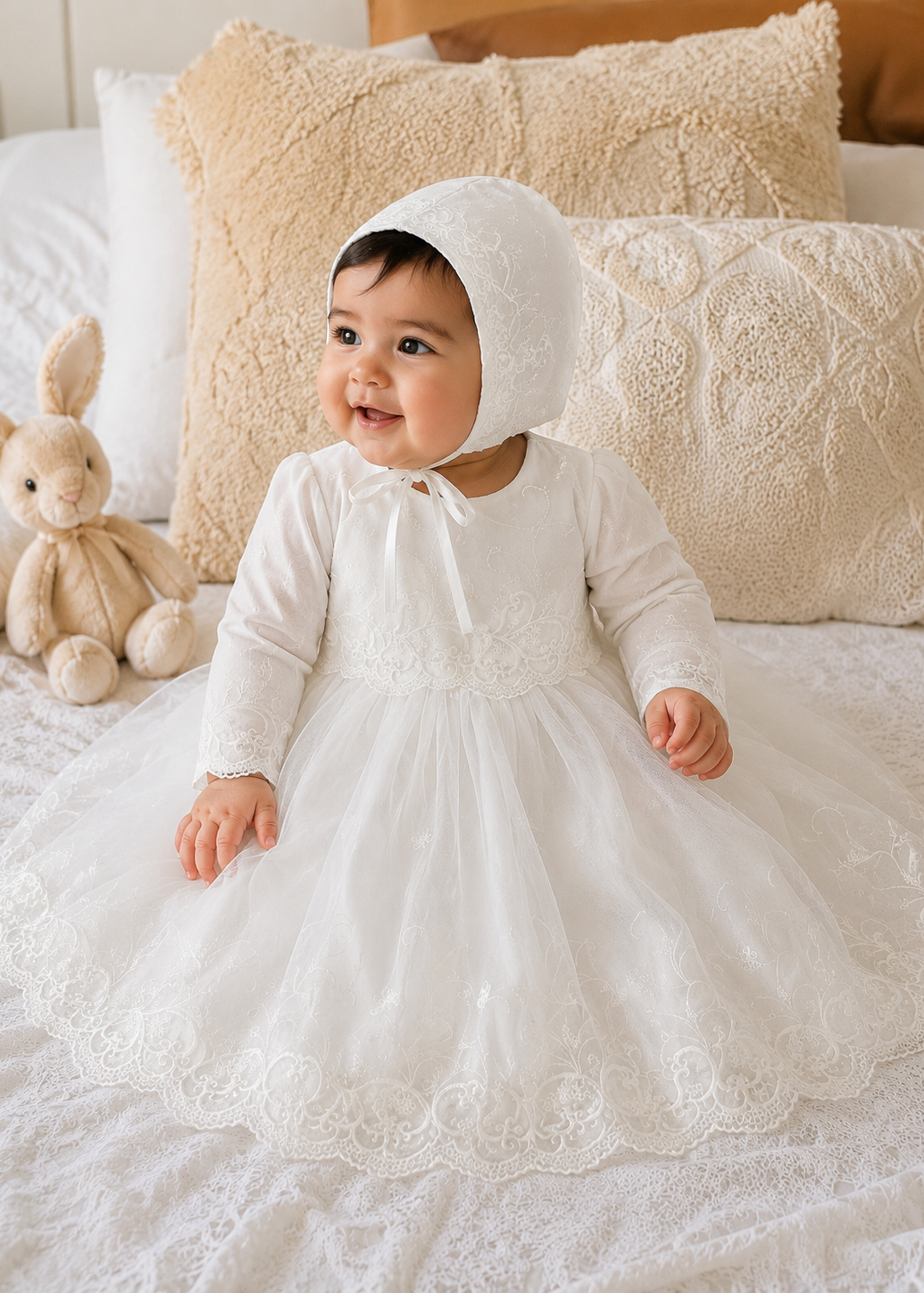 Baby Girl Baptism Dress With Bonnet - Long Sleeves